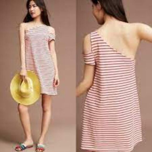 Anthropologie Maeve Marketa Red Stripe One Shoulder Dress Small - Picture 1 of 6